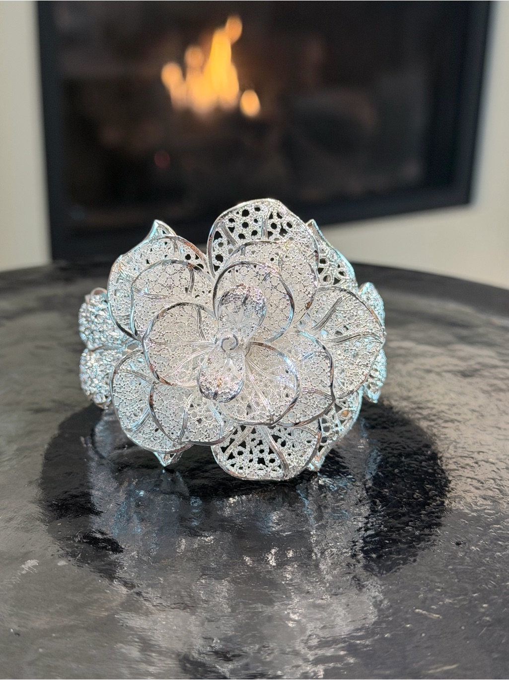 925 Sterling Silver Filigree Flower Bracelet - Silver Tone